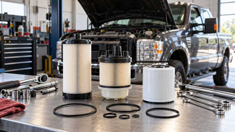 Diesel pickup maintenance scene with fuel filters, an oil filter, clean seals, and service tools arranged beside the engine bay