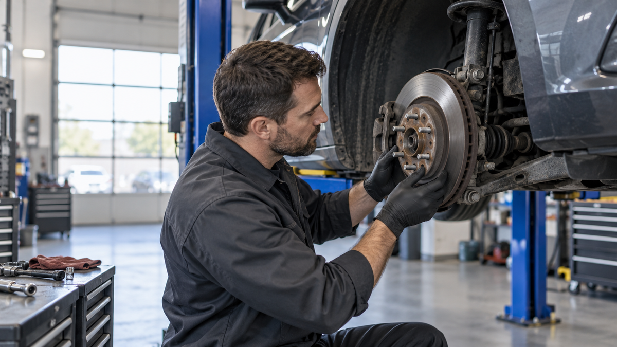 Mechanic inspecting the exposed wheel hub and brake assembly on a raised passenger vehicle