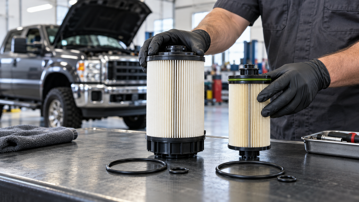 Two diesel fuel filter elements and replacement seals prepared on a clean workbench beside a modern heavy-duty pickup