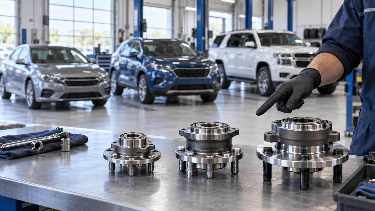 Three sizes of unbranded wheel hub assemblies compared on a service bench with sedan, crossover, and SUV in the background