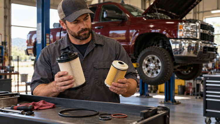 Diesel technician comparing two cartridge fuel filters and sealing rings for a heavy-duty Ram-style pickup service