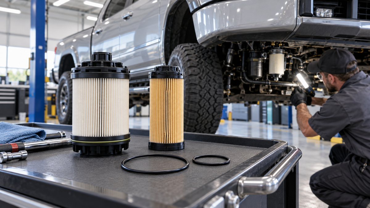 Modern heavy-duty diesel pickup service with two clean cartridge filters, replacement O-rings, and a mechanic checking the fuel system