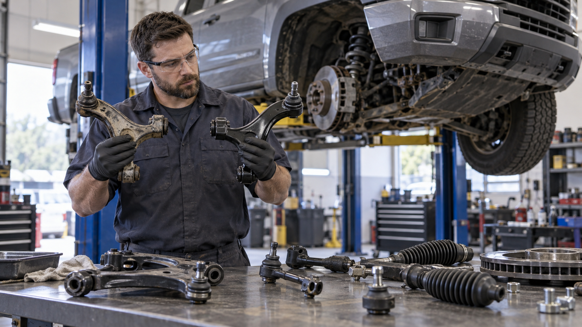 Illustration comparing a pair of upper control arms with a broader truck front end repair kit