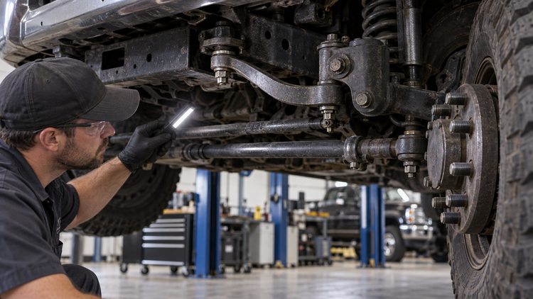 Illustration of a heavy-duty truck front suspension inspection with steering linkage details