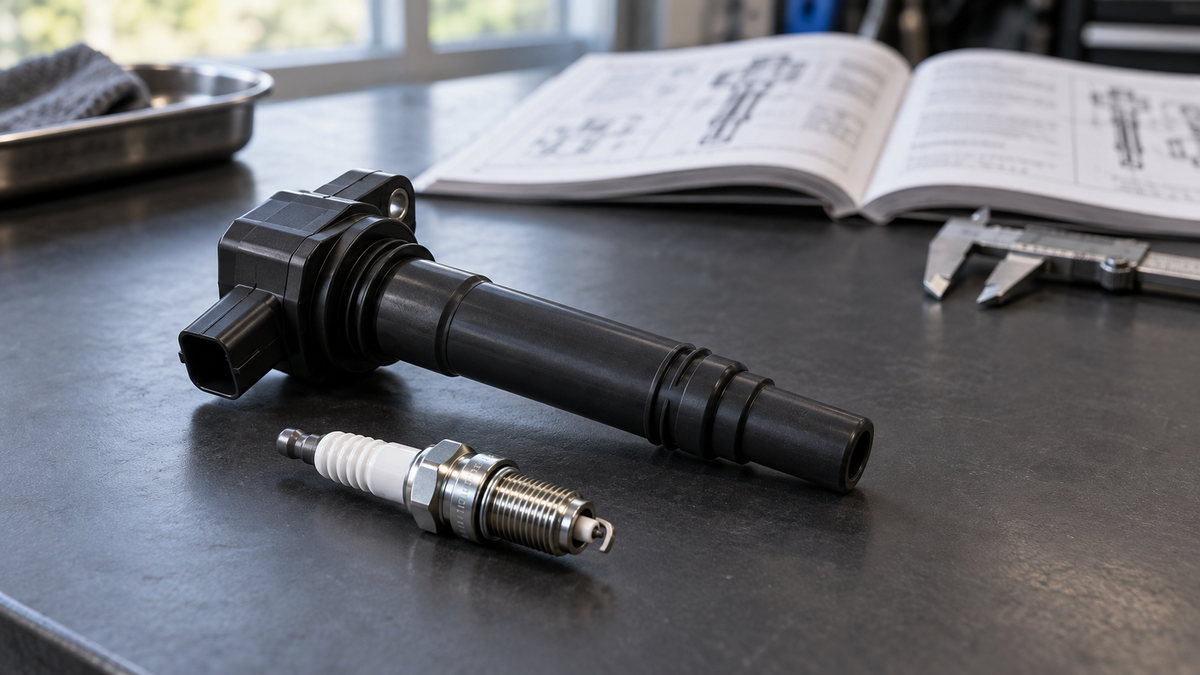 Ignition coil and spark plug on a workshop bench beside a service manual
