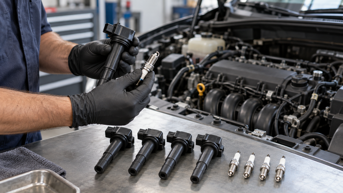 Mechanic inspecting a coil and spark plug beside a four-cylinder engine in a clean workshop