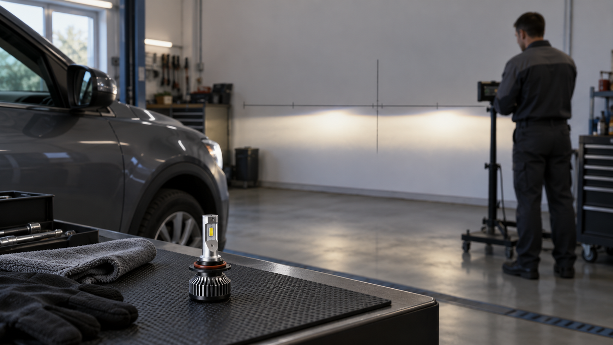 Technician checking a parked vehicle headlamp beam on a workshop wall