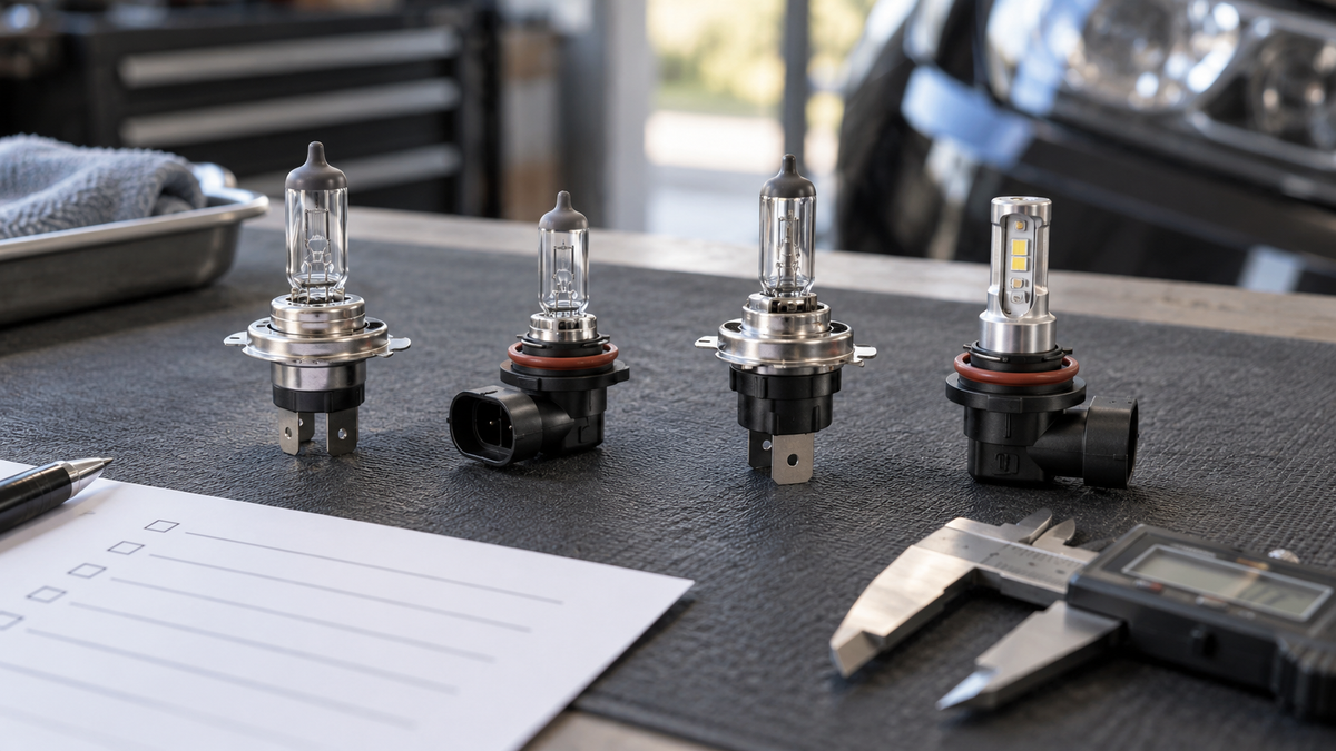 Different generic automotive bulb bases compared on a workshop mat