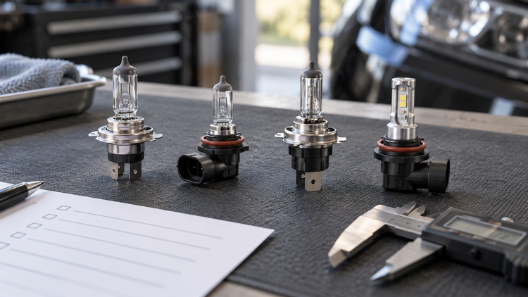 Different generic automotive bulb bases compared on a workshop mat