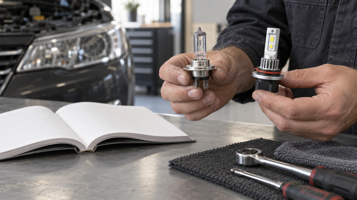 Technician comparing an LED bulb and original headlight bulb beside a vehicle manual