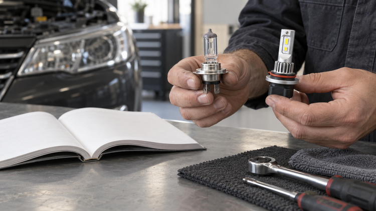 Technician comparing an LED bulb and original headlight bulb beside a vehicle manual