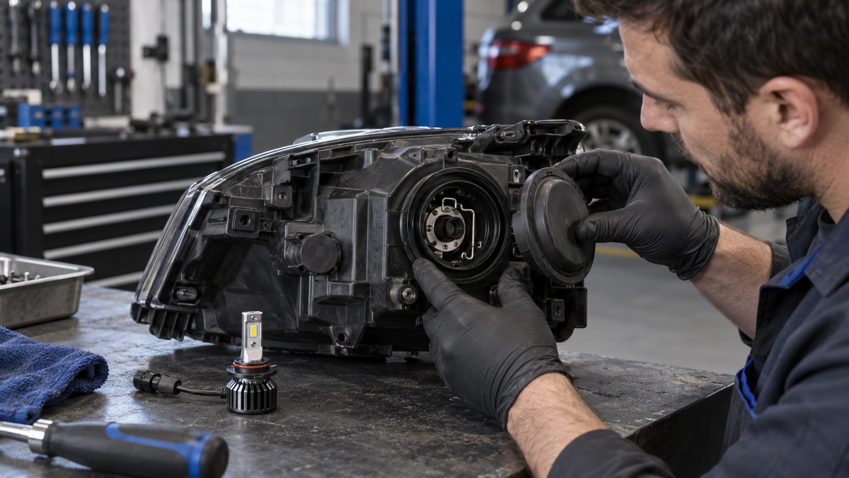 Technician checking retaining clip and rear clearance of a headlamp housing