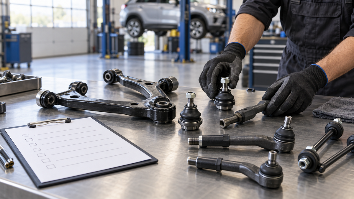 Illustration of front suspension parts arranged for a vehicle fitment checklist