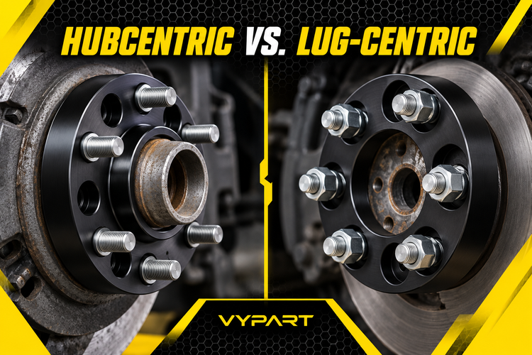 Split comparison of hubcentric and lug-centric black wheel spacers installed on wheel hubs