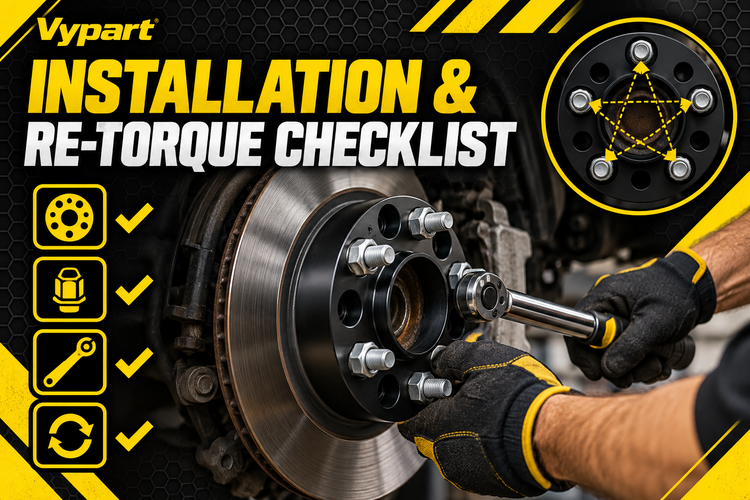 Technician installing a black wheel spacer with a torque wrench and star-pattern checklist