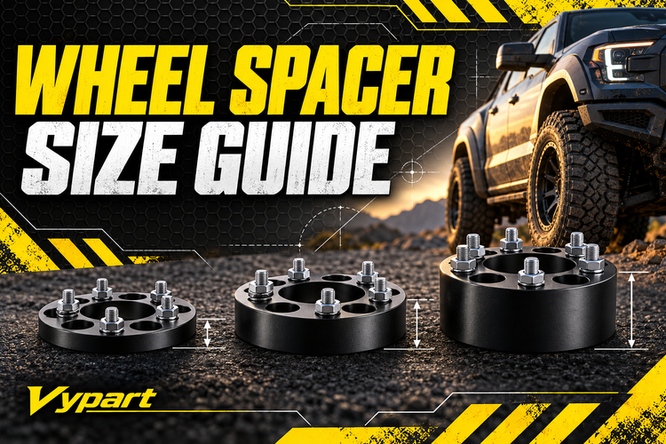 Three black wheel spacers of different thicknesses arranged beside a pickup truck