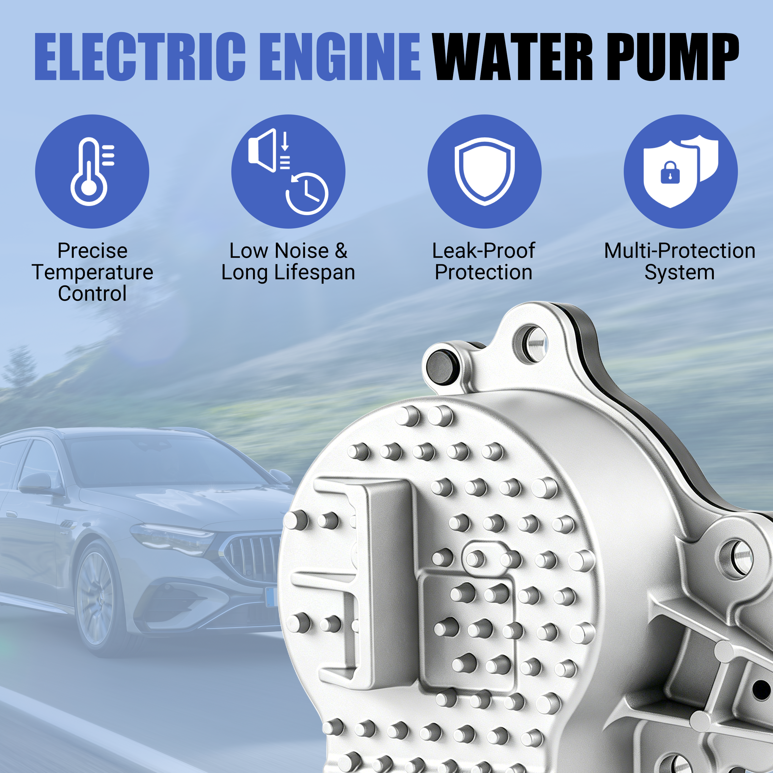 Exact fitment demonstration of the replacement electric water pump assembly on a 2004-2009 Toyota Prius 1.5L hybrid engine