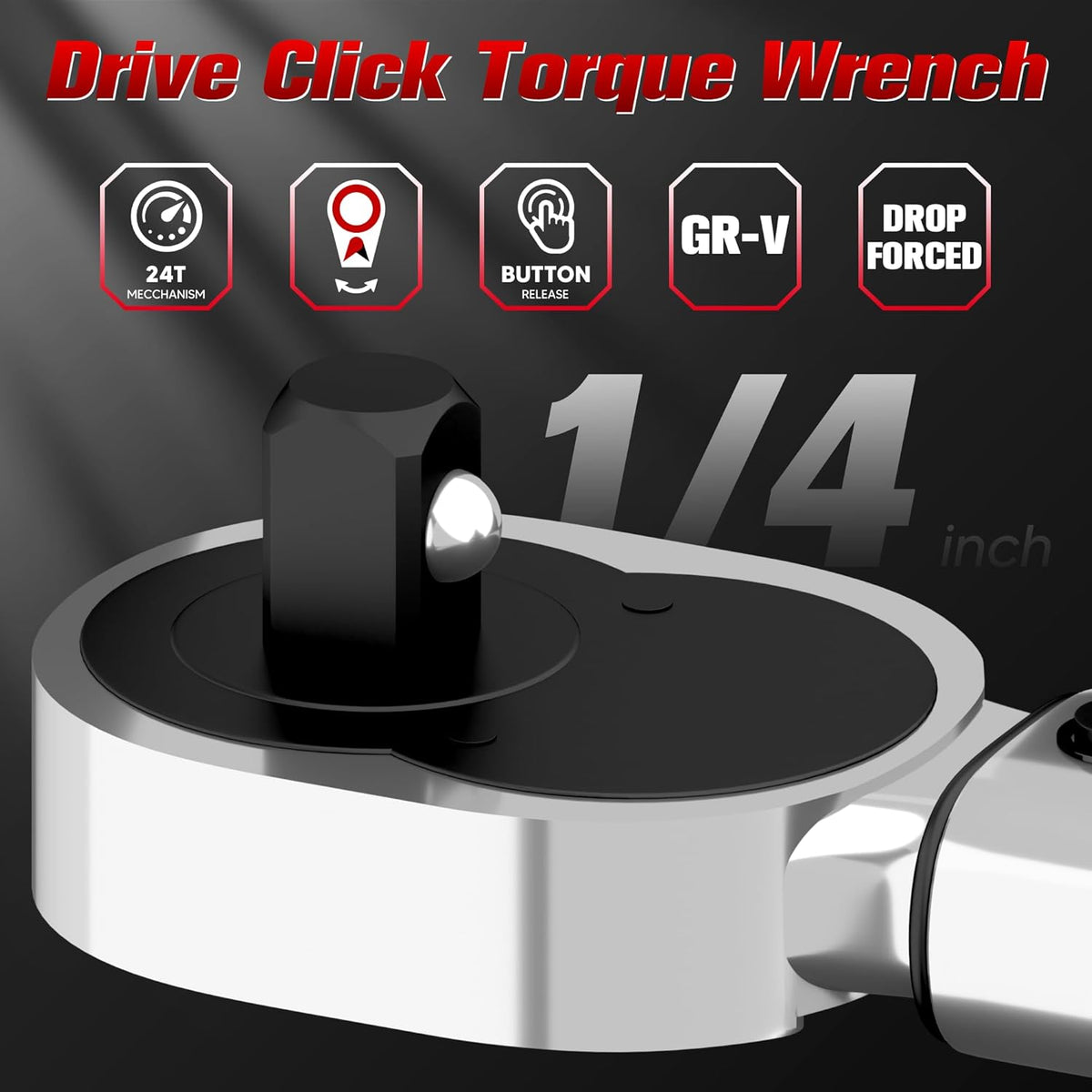 Close-up of the 72-tooth dual-direction ratchet head on the 1/4-inch click torque wrench