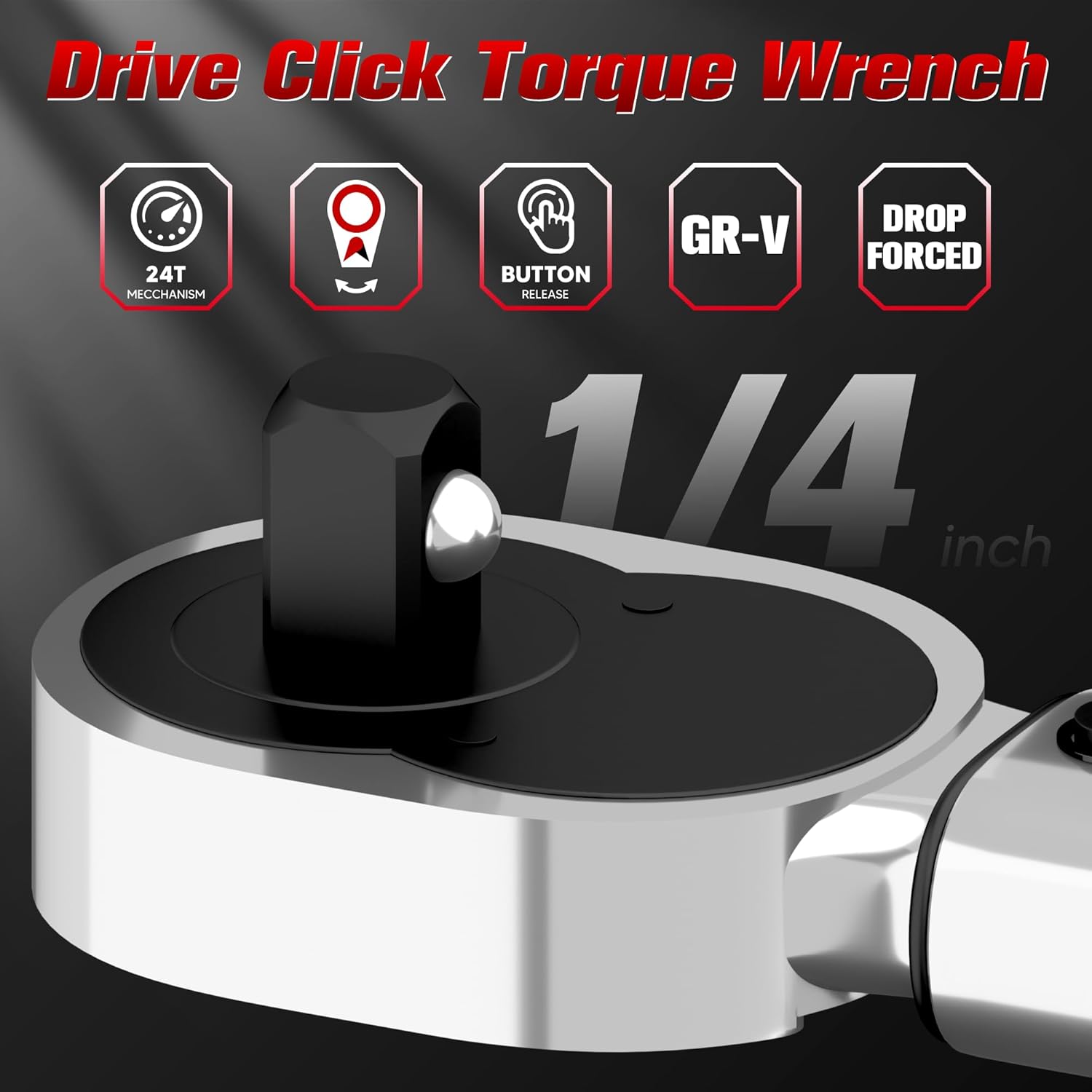 Close-up of the 72-tooth dual-direction ratchet head on the 1/4-inch click torque wrench