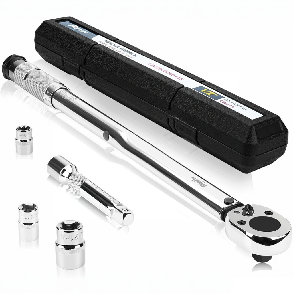 1/2-inch drive click torque wrench set, 5 pieces, dual-direction 20-150 ft.lb, housed in a protective case