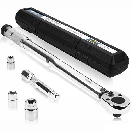 1/2-inch drive click torque wrench set, 5 pieces, dual-direction 20-150 ft.lb, housed in a protective case