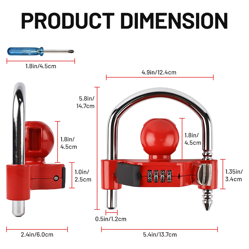 Vypart 4-digit combination lock for trailer hitch, ensures anti-theft protection, fits ratchet and padlock, easy assembly for caravan tow shackle, durable steel shackle in red