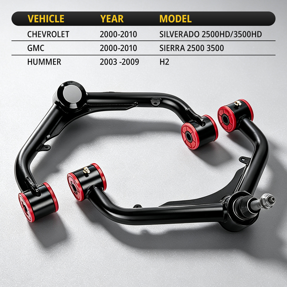 Vypart Front Upper Control Arms for 2000-2010 Chevy Silverado Sierra 2500HD 3500HD, 2-4 Inch Lift Adjustable Tubular, Black Pair