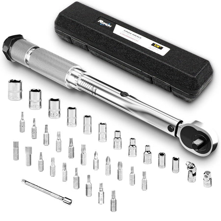 Complete 35-Piece 1/4-Inch Drive Click Torque Wrench Set with Storage Case, 3.95-22.5 N.m Dual-Direction