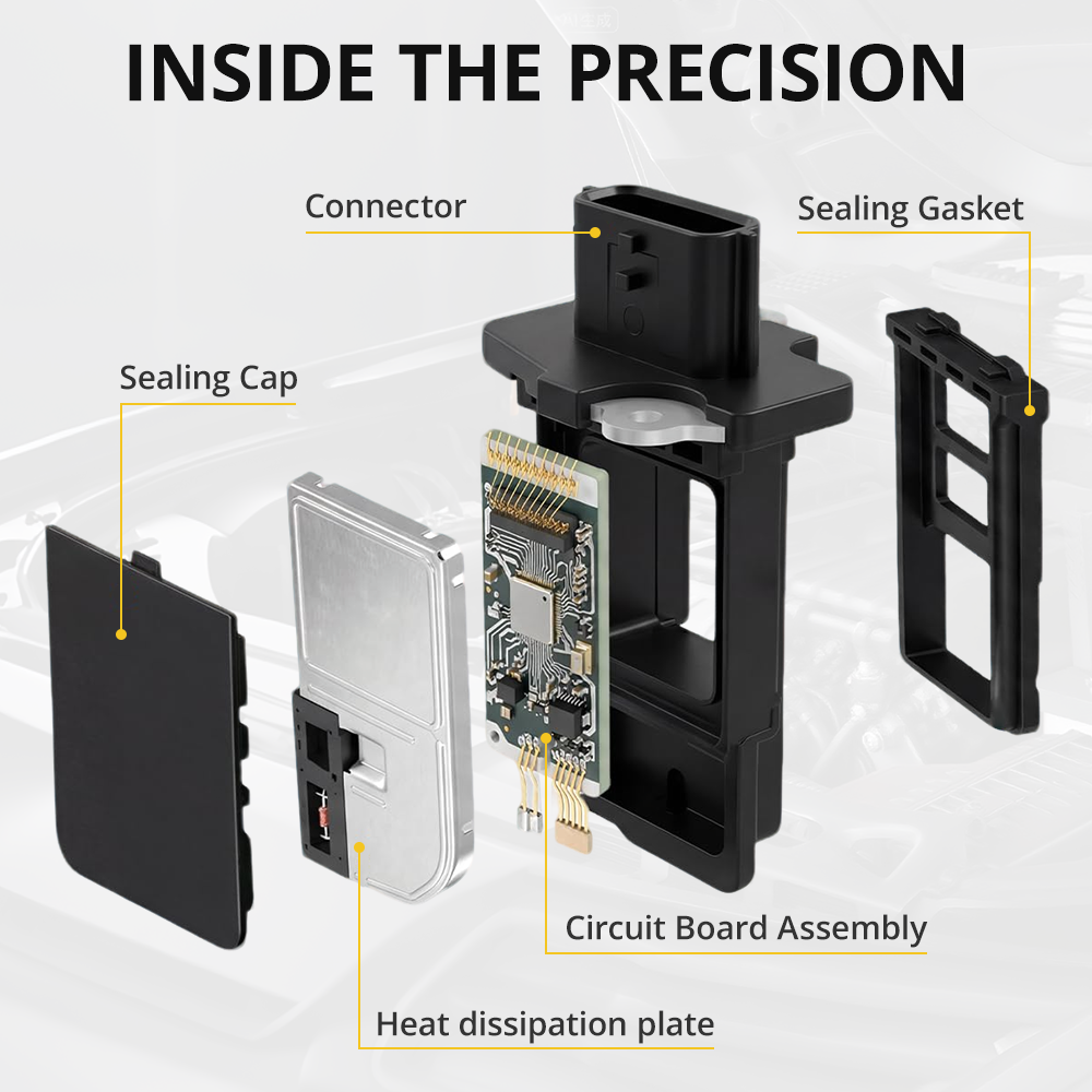 Exploded diagram of 22204-22010 mass air flow sensor showing internal circuit board assembly heat dissipation plate and sealing gasket
