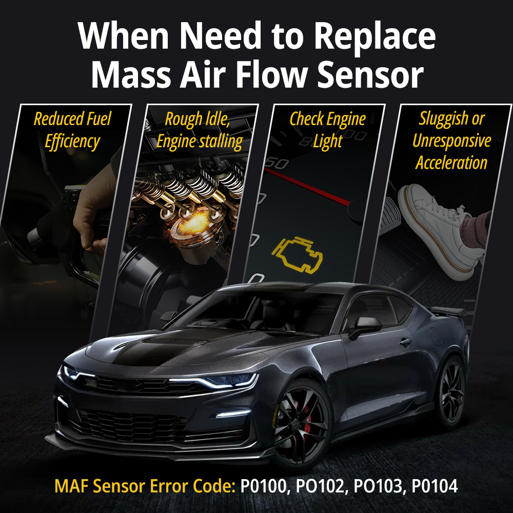 Failing MAF sensor symptoms and OBD2 error codes P0100 P0102 P0103 P0104 for Chevy Silverado Camaro GMC Sierra
