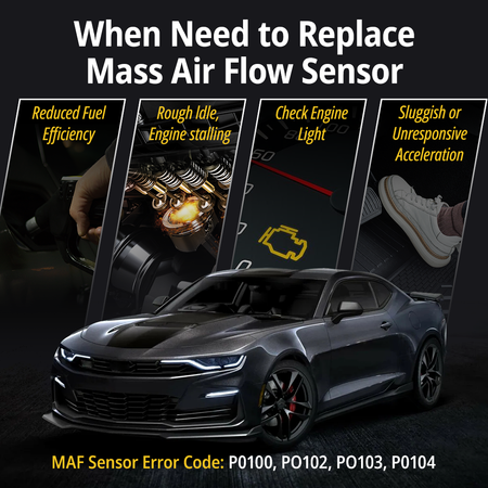 Failing MAF sensor symptoms and OBD2 error codes P0100 P0102 P0103 P0104 for Chevy Silverado Camaro GMC Sierra
