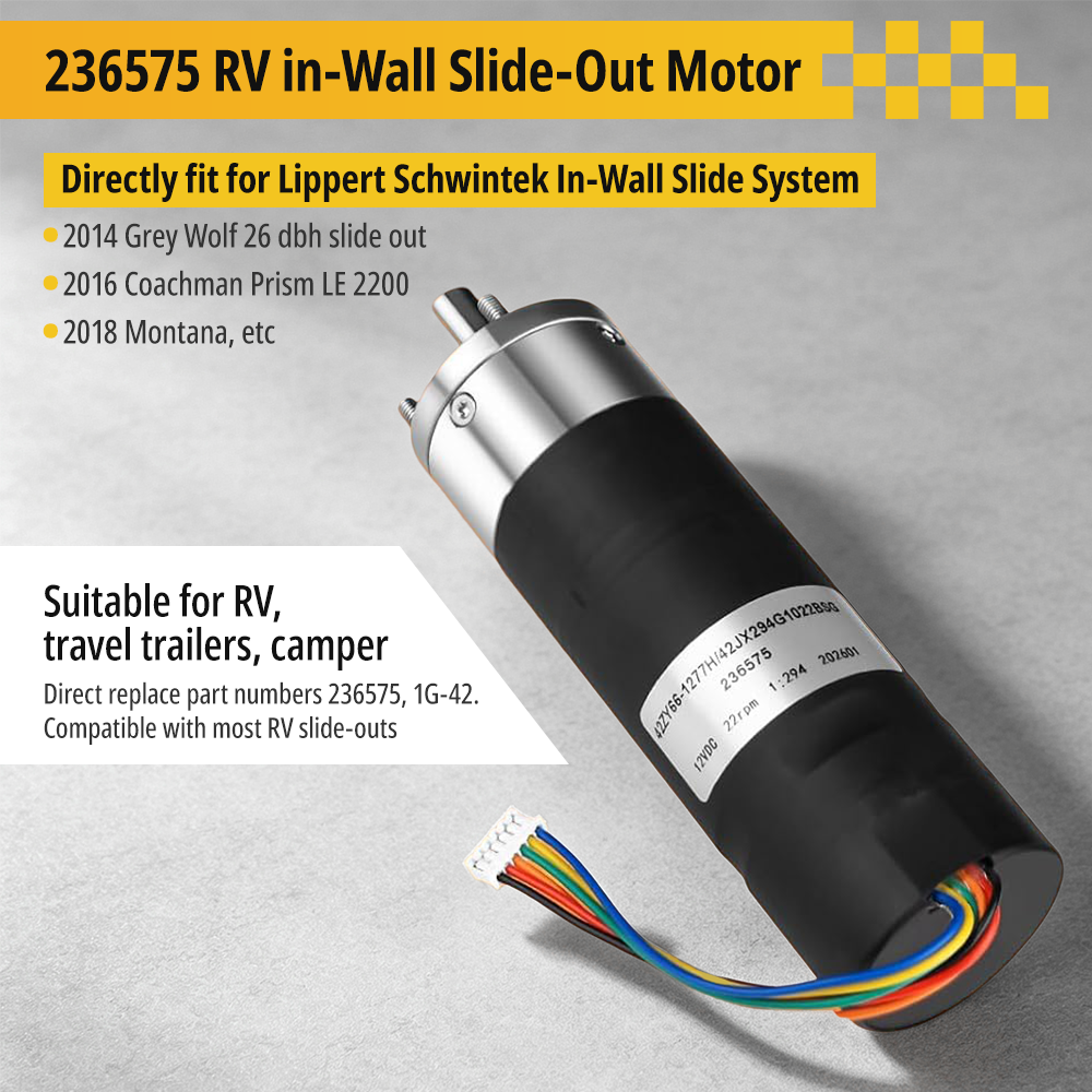 Complete 236575 RV slide out motor assembly kit, including the IG-42 motor, integrated wiring harness, and rubber protective cover