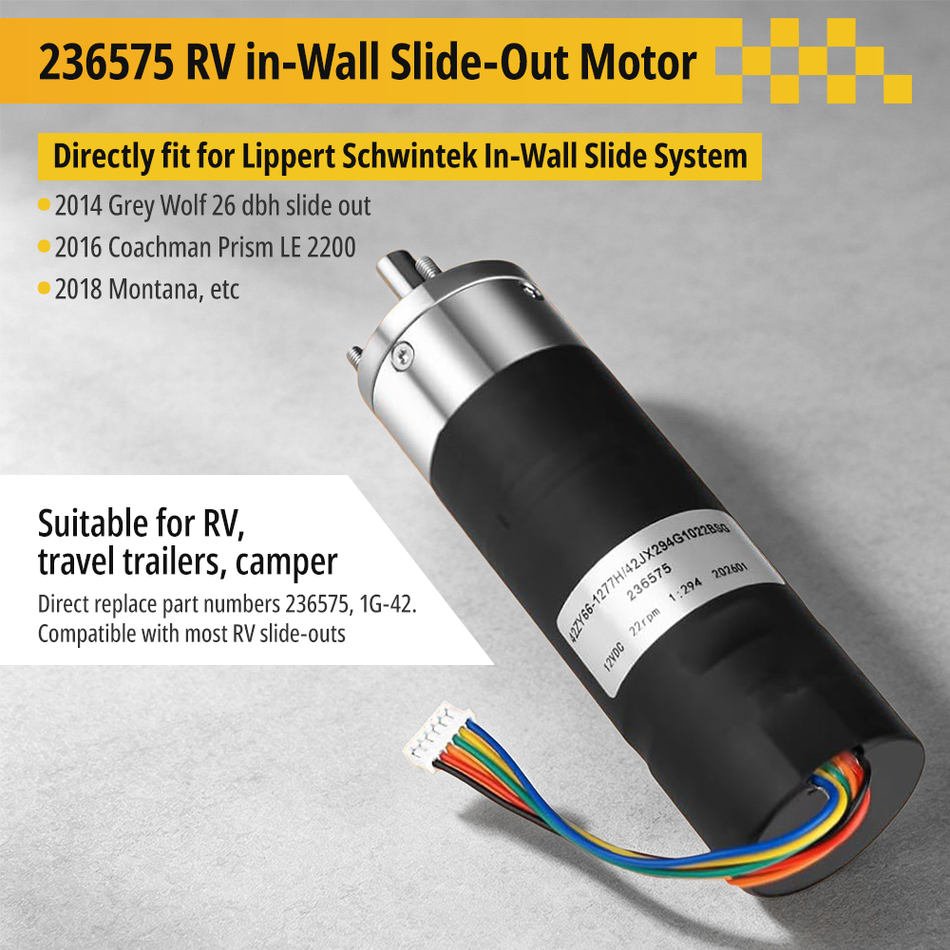 Complete 236575 RV slide out motor assembly kit, including the IG-42 motor, integrated wiring harness, and rubber protective cover