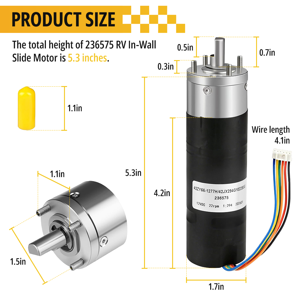 Detailed view of the integrated wiring harness and protective rubber cover on the 236575 Lippert Schwintek compatible slide motor
