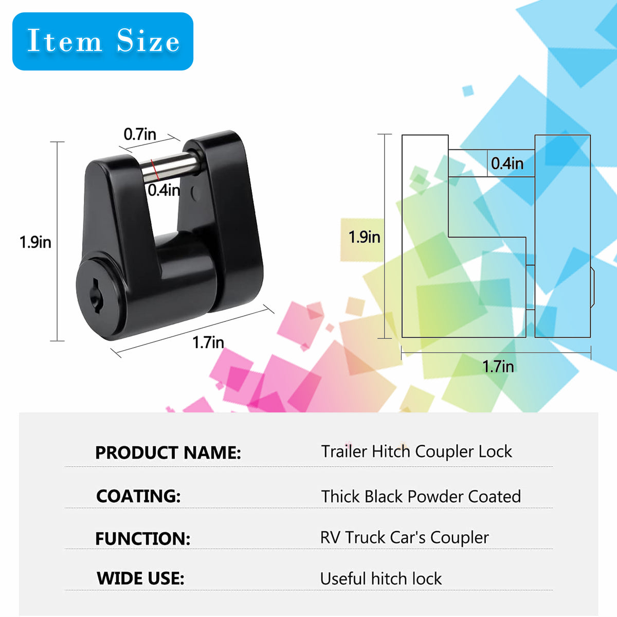 Vypart 1 Piece Of Black Latch Type Trailer Hitch Coupler Lock,1/4 Inch Pin Diameter, Knob Controller, Maximum 3/4 Inch Span