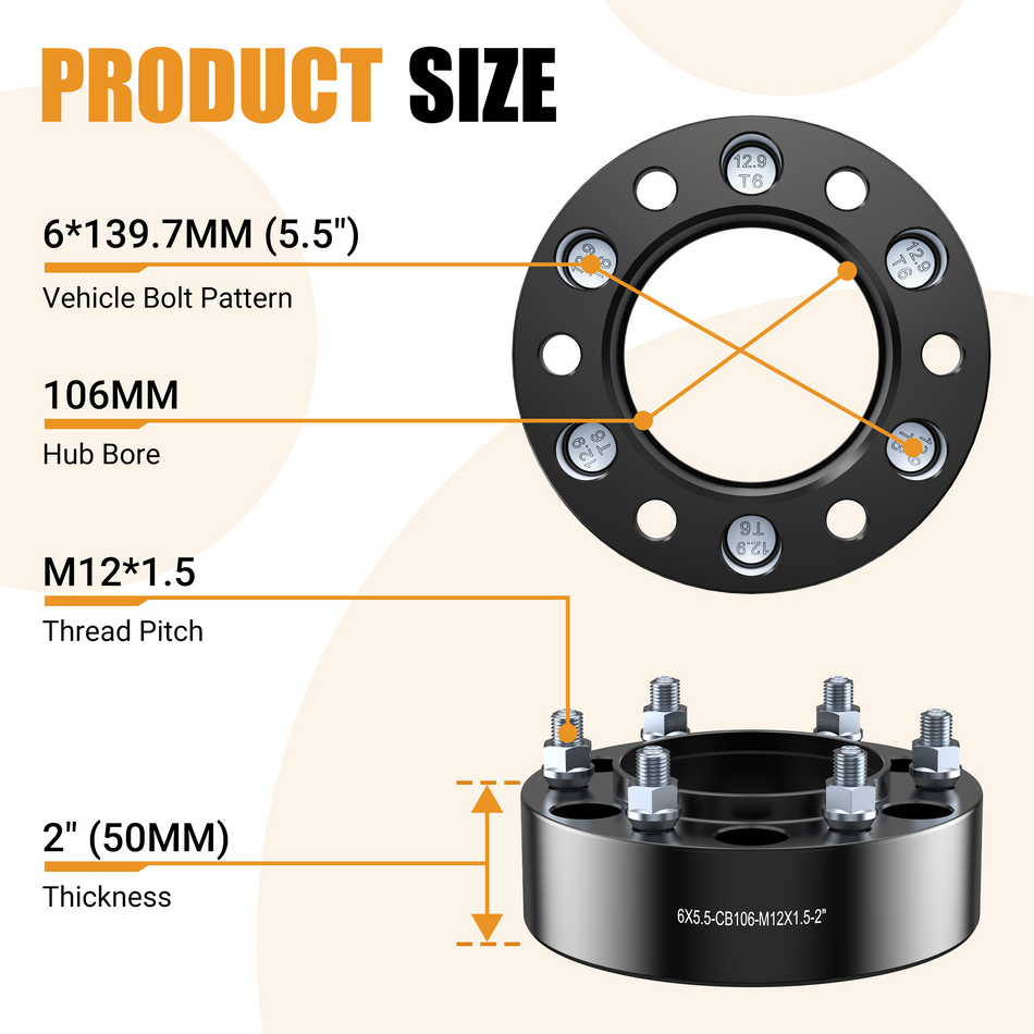 Vypart 2" 6x5.5 Wheel Spacers Compatible M12x1.5 Studs 6x139.7 Center Bore for 6 Lug Fit for  1995-2023 Tacoma 1989-2024 4Runner 4PCS