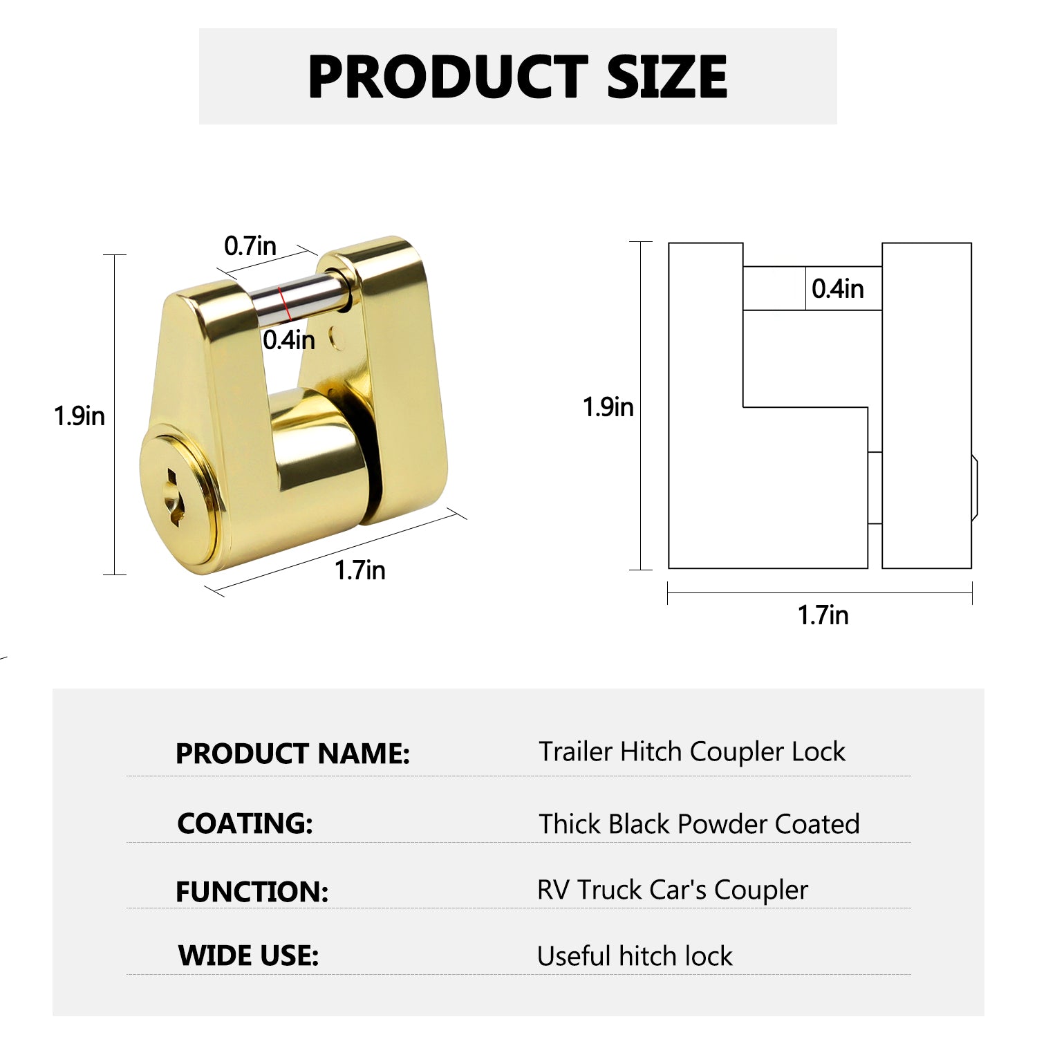 Vypart coupler lock with 1/4-inch pin - easy to use trailer lock for latch-type couplers up to 3/4 inches, made of zinc alloy