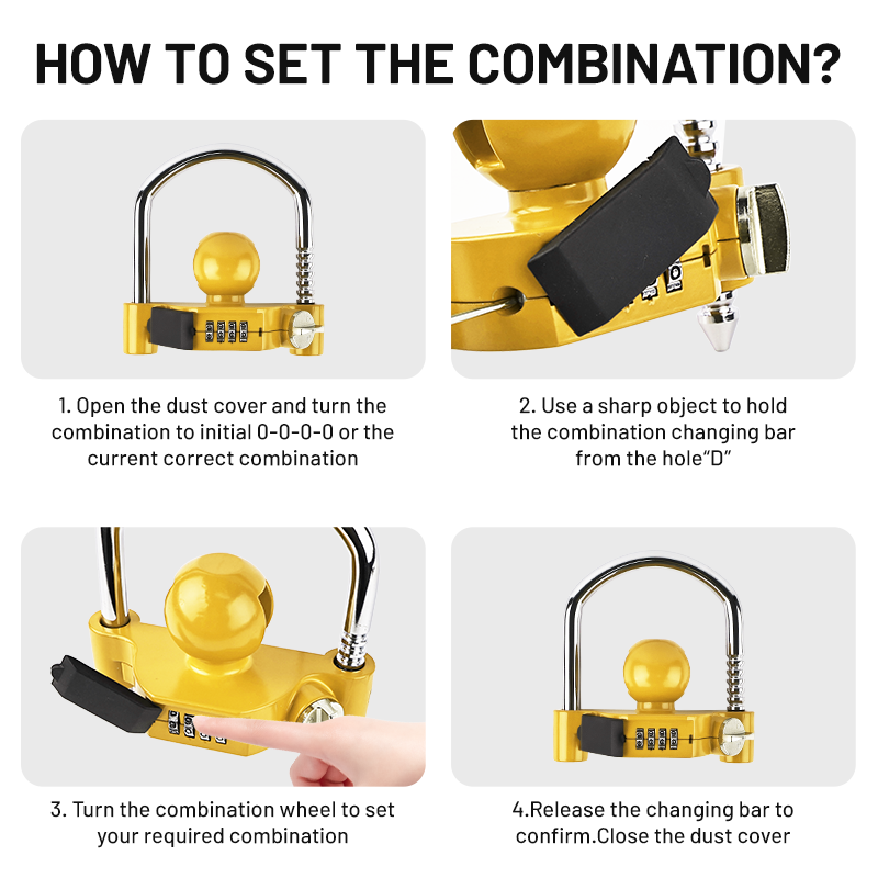 Vypart yellow universal trailer hitch lock with combination - heavy-duty steel tow ball coupler for 1-7/8”, 2”, 2-5/16” - secure against broken ordinary locks
