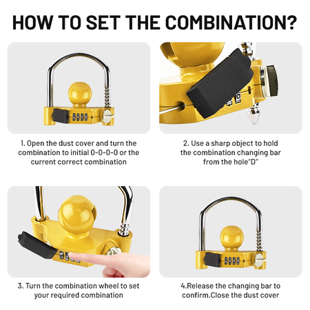 Vypart yellow universal trailer hitch lock with combination - heavy-duty steel tow ball coupler for 1-7/8”, 2”, 2-5/16” - secure against broken ordinary locks