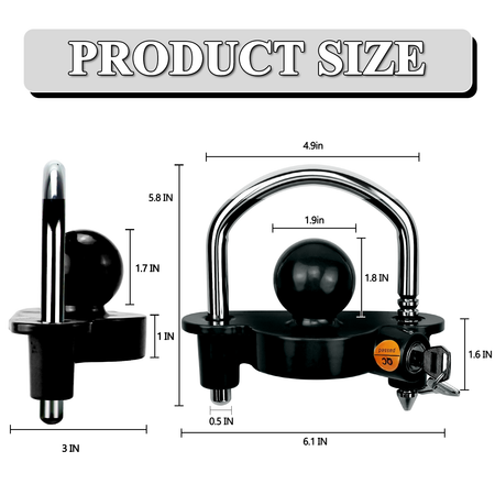 Vypart universal trailer lock ball design black color,anti-rust copper coating, crime-resistant and simply easy to use - includes 2 keys