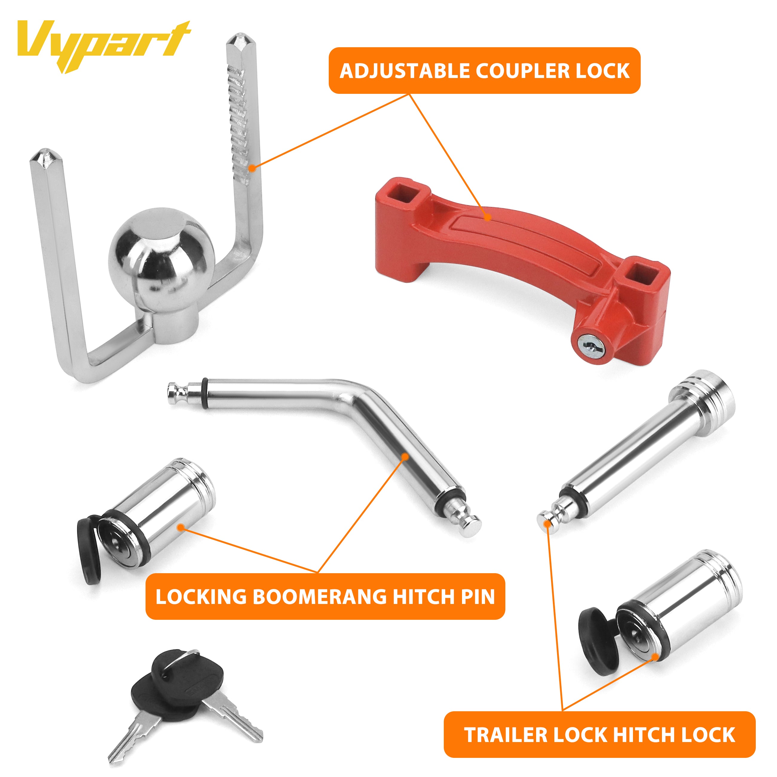 Vypart heavy-duty bar lock security for trailer hitch, fits 1-7/8" to 2-5/16" ball couplers, durable steel body with red shackle set