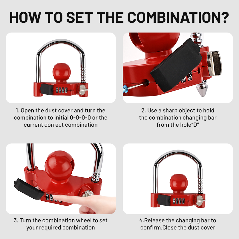 Vypart 4-digit combination lock for trailer hitch, ensures anti-theft protection, fits ratchet and padlock, easy assembly for caravan tow shackle, durable steel shackle in red