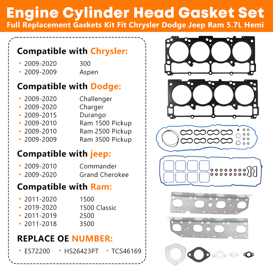 Vypart 26423 PT PermaTorque Engine Cylinder Head Seal Set for Dodge Ram 1500 | Stronger Steel Core Gasket Helps Prevent Leaks & Blow-Out from Engine Stress
