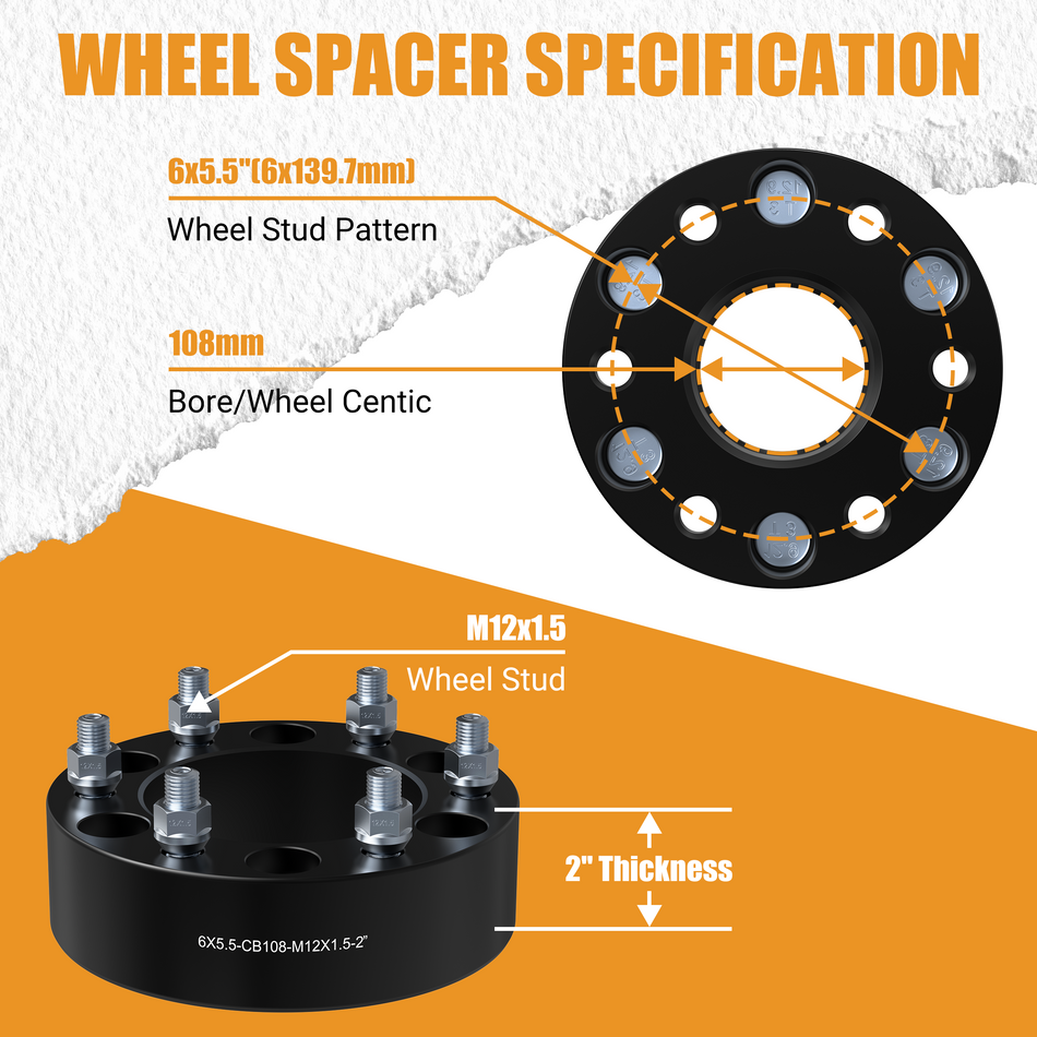 Vypart 2" 6x5.5 Wheel Spacers Compatible M12x1.5 Studs 6x139.7 Center Bore for 6 Lug Fit for  4PCS