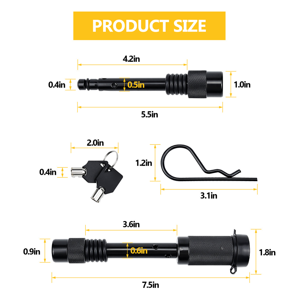Vypart locking hitch pin with 1/2" and 5/8" diameter for class I,II,III,IV,V receivers, rust-resistant iron construction, salt and moisture protection