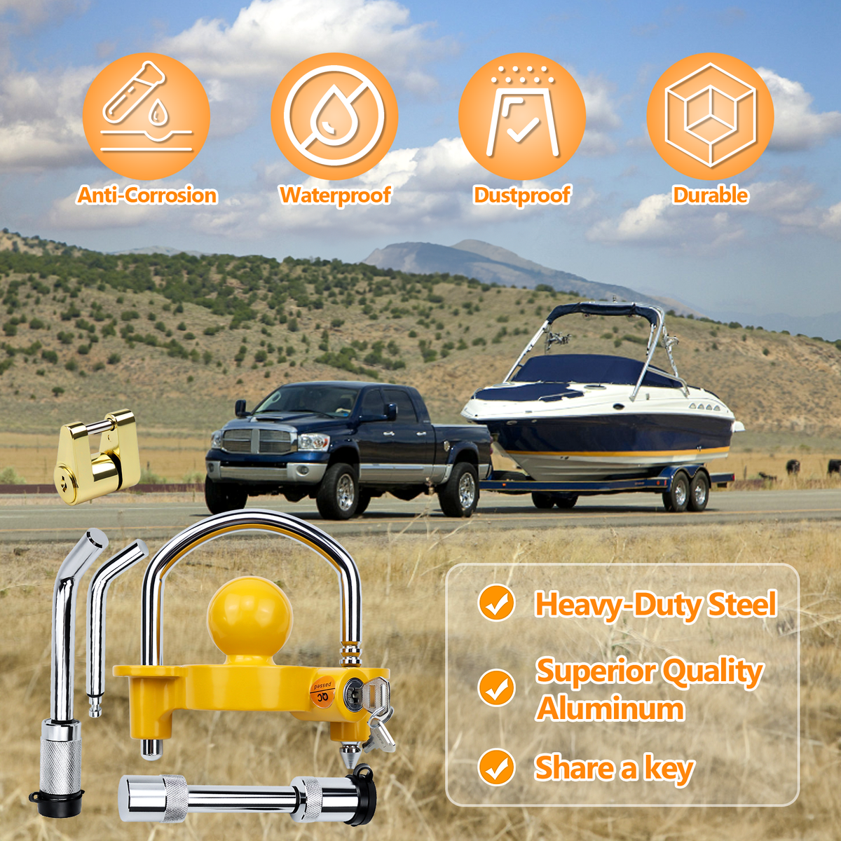 Vypart heavy-duty steel lock set - 4 trailer hitch locks with one key secure against broken ordinary locks