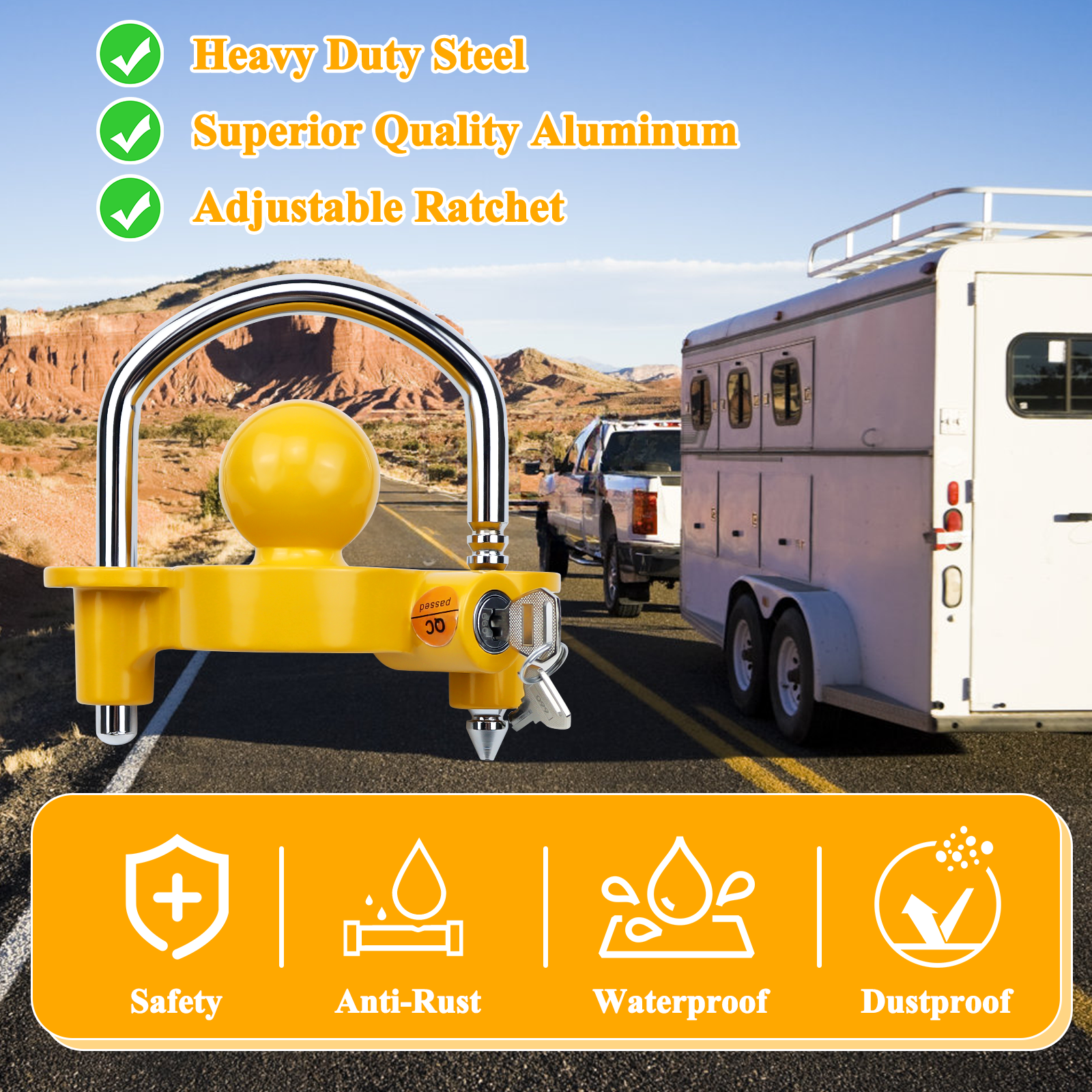 Vypart yellow security lock universal adapter with 2 keys fits 1-7/8 in. to 2-5/16 in for car and trailer couplers use