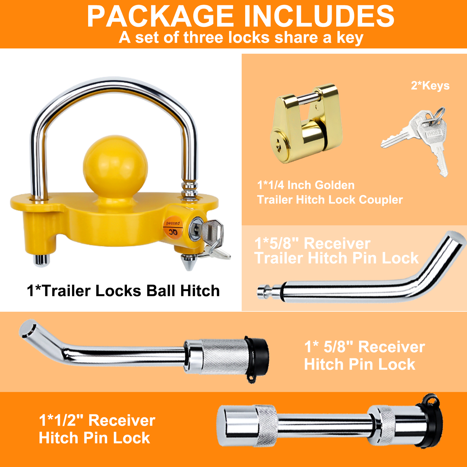 Vypart heavy-duty steel lock set - 4 trailer hitch locks with one key secure against broken ordinary locks