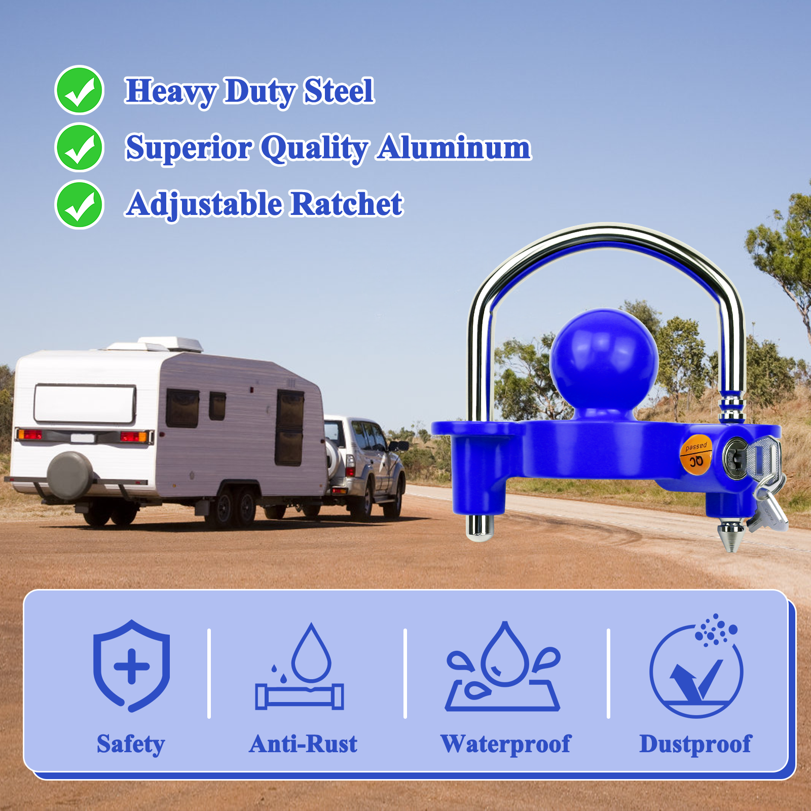 Vypart Blue Trailer Lock Universal Coupler Ball Lock Fits 1-7/8", 2", and 2-5/16" Couplers, Boat Camper Accessories