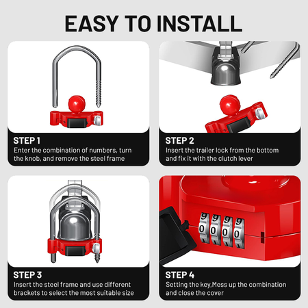 Vypart 4-digit combination lock for trailer hitch, ensures anti-theft protection, fits ratchet and padlock, easy assembly for caravan tow shackle, durable steel shackle in red